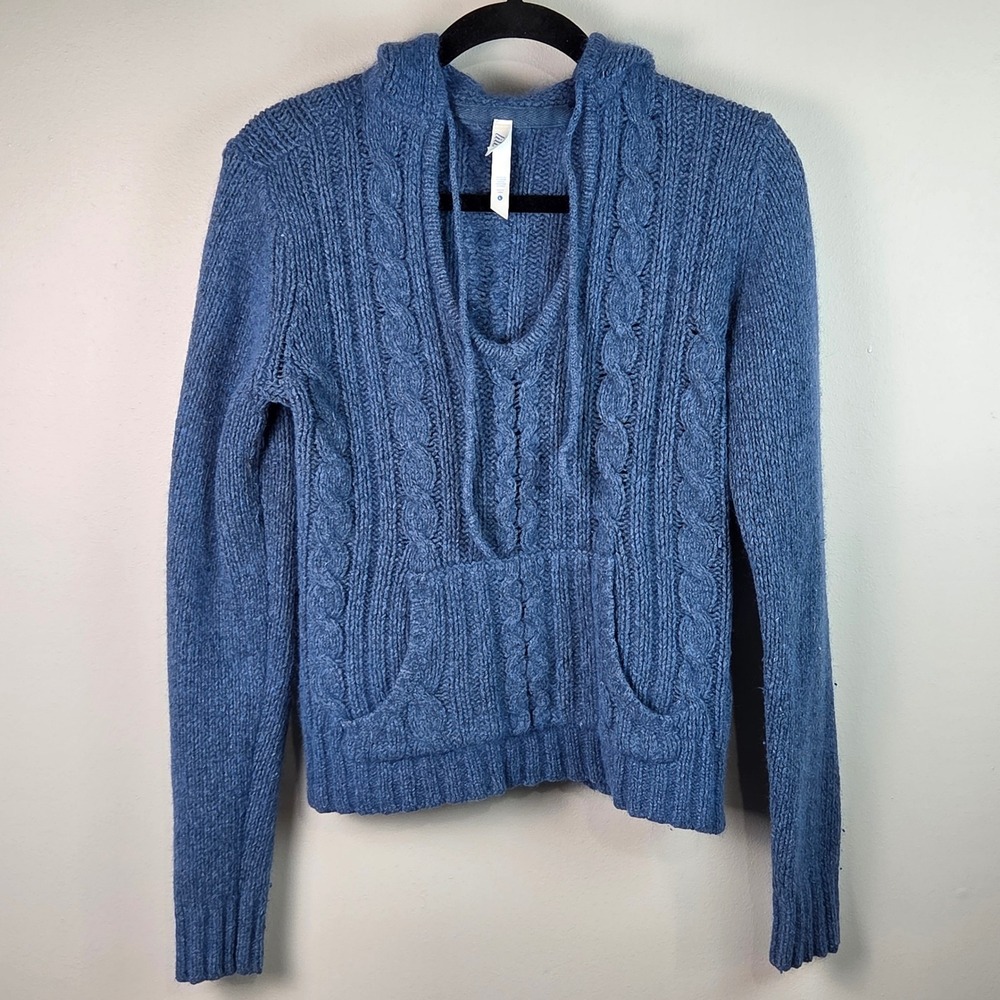Lili Cable Knit Hoodie Womens L(fits like S) Blue Angora Wool Blend Sweater Boho